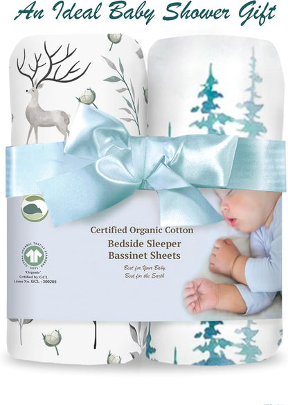 100% Organic Cotton 2 Pk Bedside Sleeper Bassinet Fitted Mattress Sheets Perfectly Compatible with Mika Micky, Baby Delight, Ronbei, Chicco, Cloud Baby, AMKE, Angelbliss, Arm's Reach. Cloud, Stripe