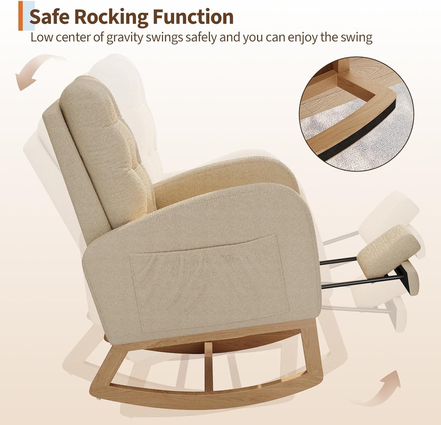 Modern Rocking Chair for Living Room, Comfortable Recliner Rocker with Side Pocket, Soft Linen Upholstered Glider Chair for Bedroom, Nursery, Lounge-Grey