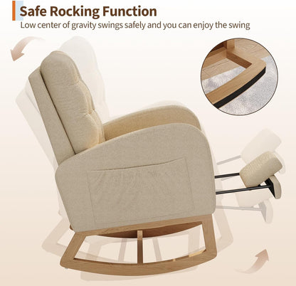 Modern Rocking Chair for Living Room, Comfortable Recliner Rocker with Side Pocket, Soft Linen Upholstered Glider Chair for Bedroom, Nursery, Lounge-Grey