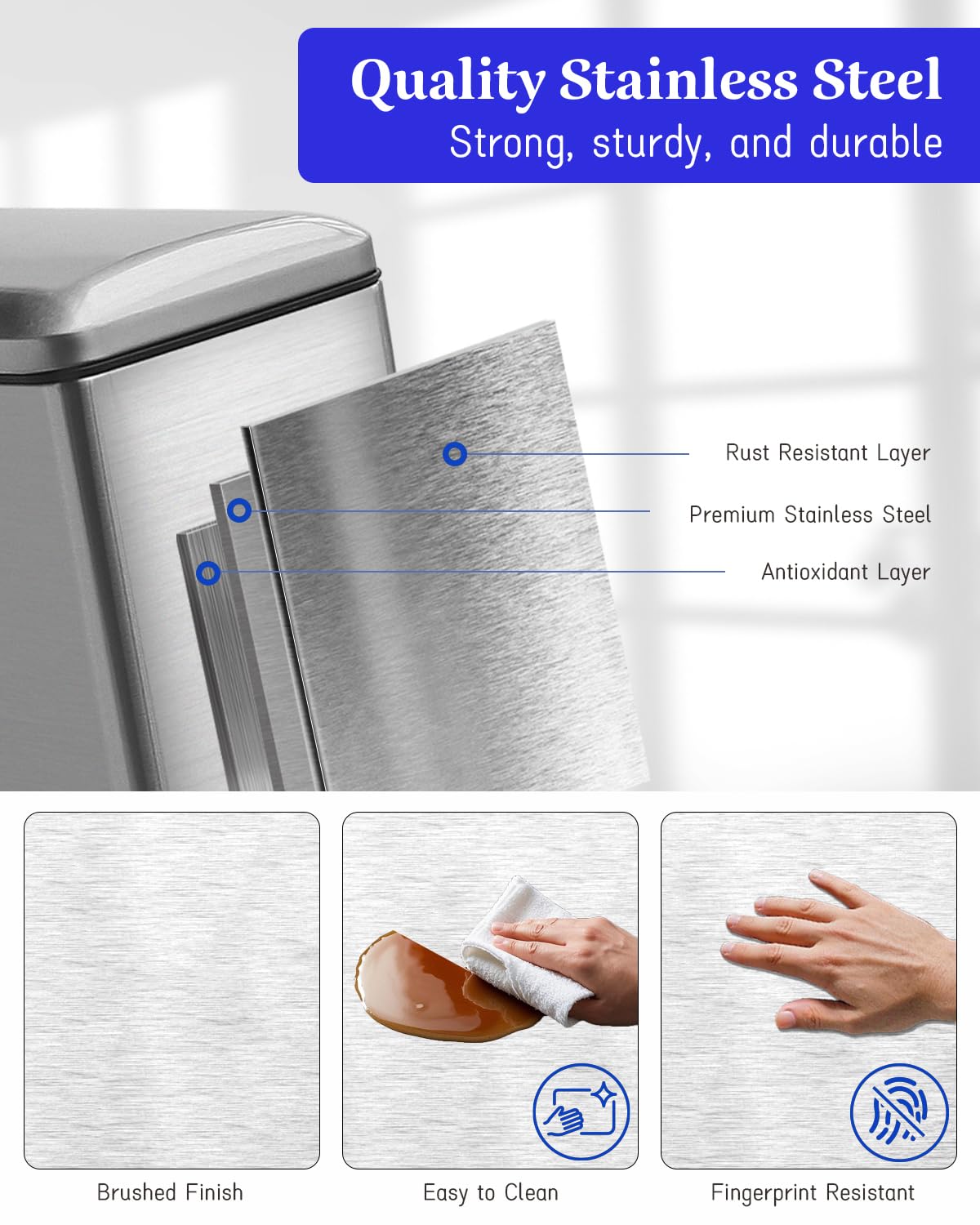 Diaper Pail, Airtight Odor Control Baby Diaper Bin with Childproof Lock, Stainless Steel Garbage Pail with lid, 15 Liter/ 4 Gallon Compact Nursery Trash Can with Removal Inner Liner, Blue