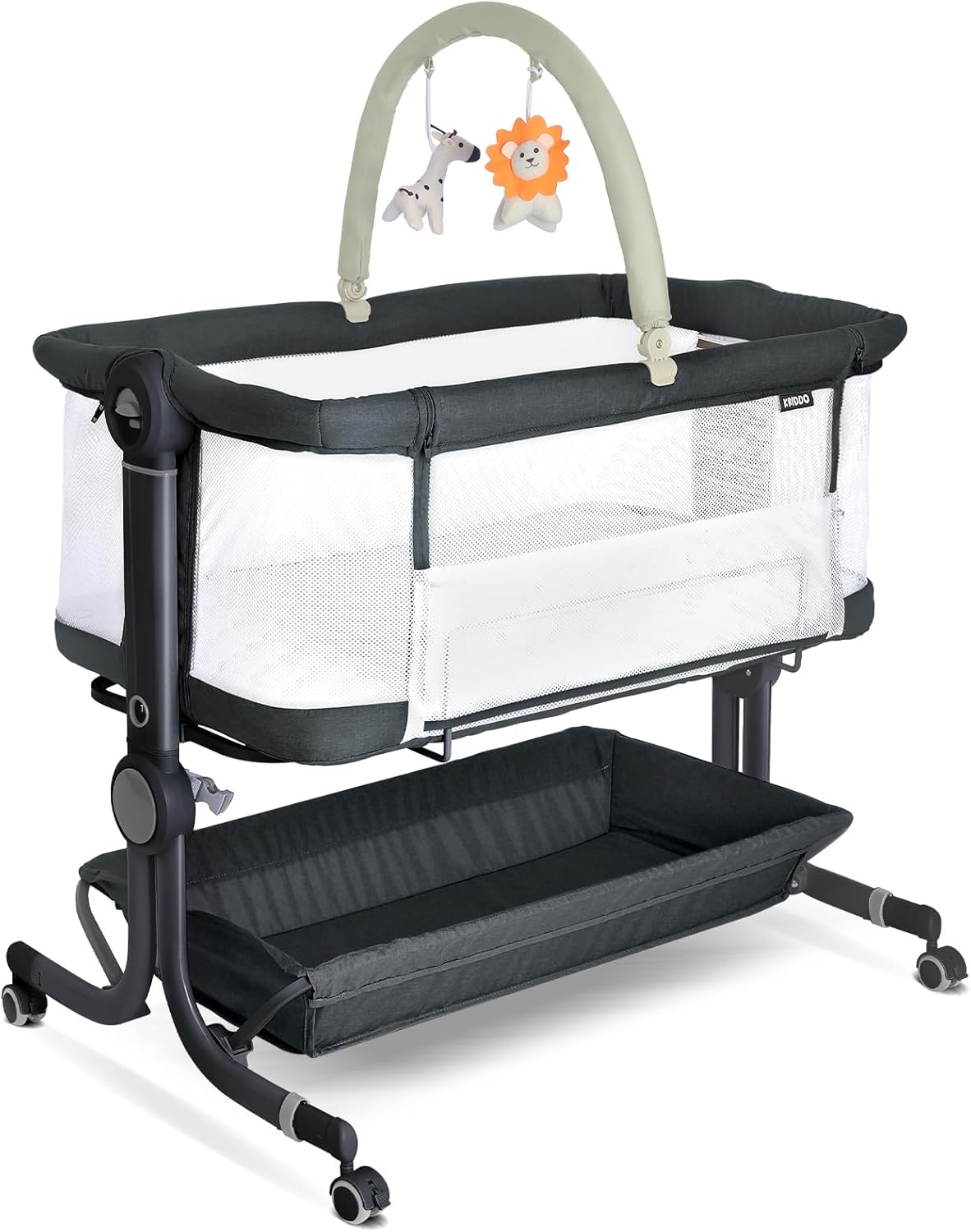 KRIDDO 2-in-1 Baby Bassinet for Infant, Bedside Bassinet with All-around Breathable Mesh, Lockable Wheels, Adjustable Height and Incline, Bedside Sleeper for Baby with Large Storage Basket, Light Grey