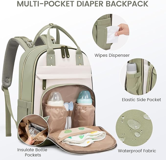 LOVEVOOK Diaper Bag Backpack, Baby Bag with Changing Pad, Large Diaper Backpack Boy Girl, Waterproof Baby Registry Bag for Mom Dad with Stroller Buckles, Light Green-beige-olive Green