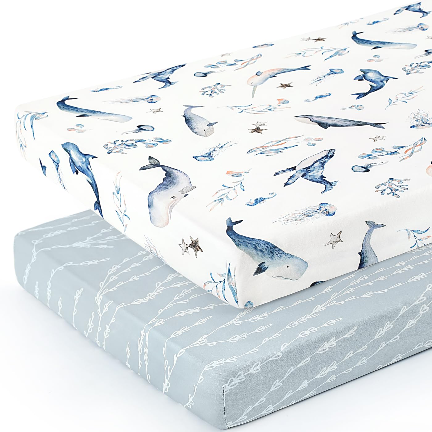 GRSSDER Stretch Ultra Soft Jersey Knit Fitted Pack n Play Playard Sheets Set 2 Pack，Fits Portable/Mini Cribs Sheets, Playards Mattress Pads, Stylish Watercolor Animals for Baby, Mint Green