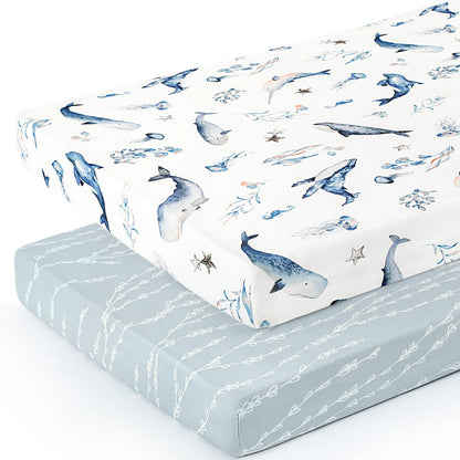 GRSSDER Stretch Ultra Soft Jersey Knit Fitted Pack n Play Playard Sheets Set 2 Pack，Fits Portable/Mini Cribs Sheets, Playards Mattress Pads, Stylish Watercolor Animals for Baby, Mint Green