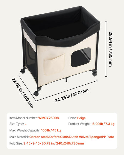 VEVOR Bedside Lounge Pet Bed, Foldable Bunk Dog Bed with 600D Oxford Cloth and Dutch Velvet, Portable Raised Cot with Wheels, Side Storage Bags, and Carry Bag for Cats & Dogs, L, Beige