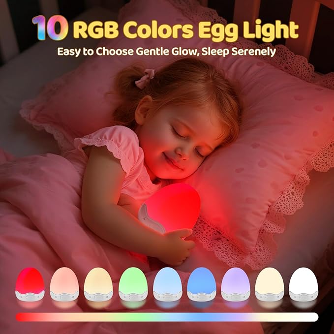 COOLNIGHT Nursery Night Light with Clock,10 Brightness+10 Colors Egg Light for Nursery,Touch+Remote+3600mAh Rechargeable Egg Night Light for Baby Nursery,Warm Light for Breastfeeding 1h Timer&Portable