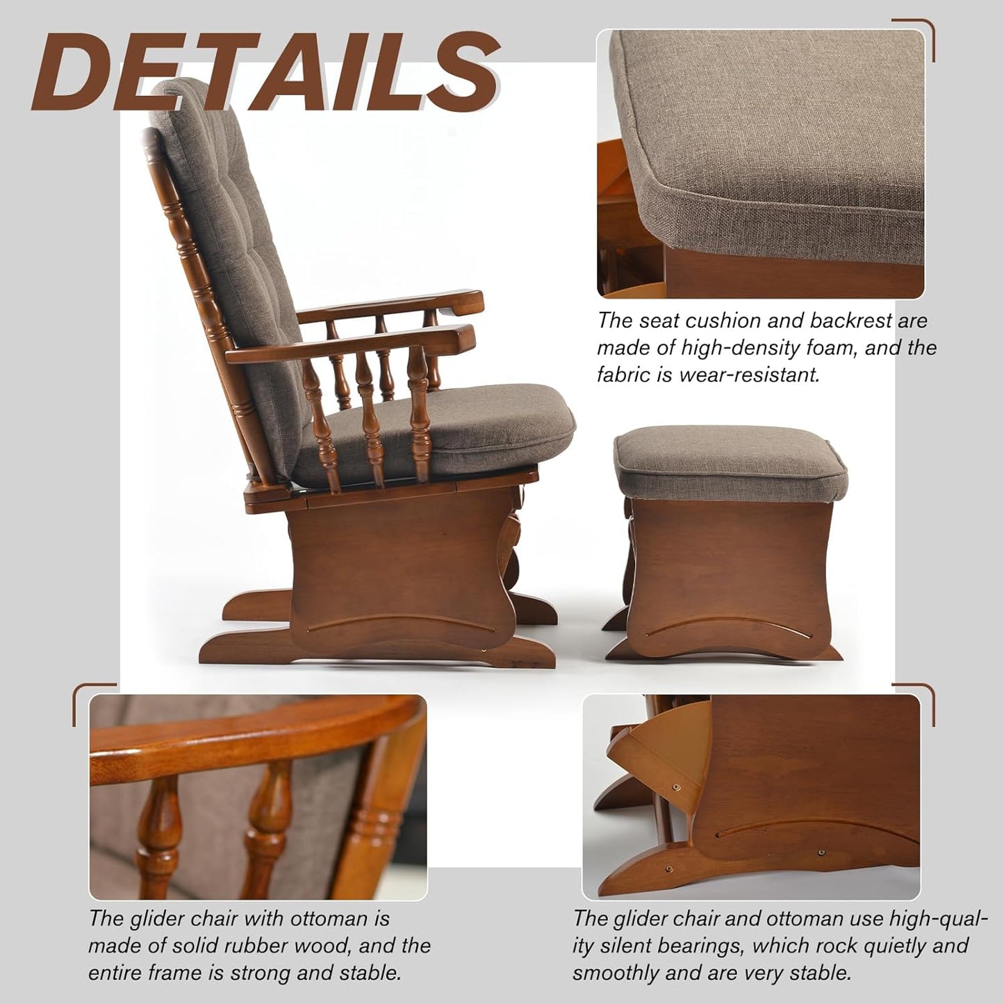 Glider Rocking Chair with Ottoman Set, Solid Wood Nursery Glider Rocker with Padded Cushion, High Back Upholstered Swivel Glider for Living Room, Nursing, Reading, 280LBS Weight Capacity,Oak+Khaki