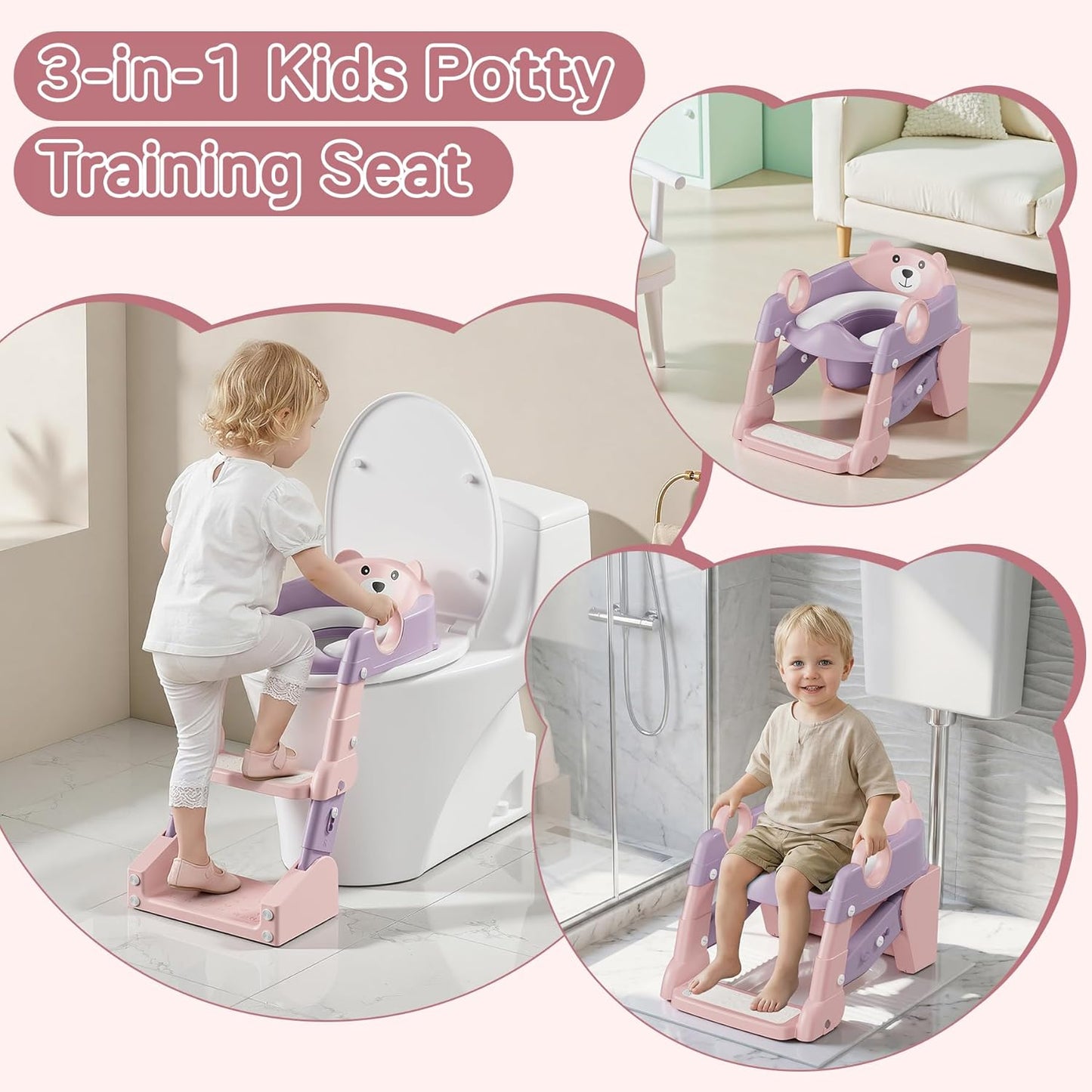 Potty Training Seat,Toddler Toilet Seat for Boys Girls,3-in-1 Potty Training Toilet and Chair with Step Stool Ladder,Anti-Slip Height Adjustable Foldable Splash Guard for Kids (Grey)