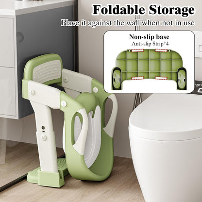 XIGGA 3 in 1 Potty Toilet Training Seat with 2-level Adjustable Steps, Equipped with Waterproof Cushion and Non Slip Step Stool, Dedicated Toilet Seat for Boys Girls - Green