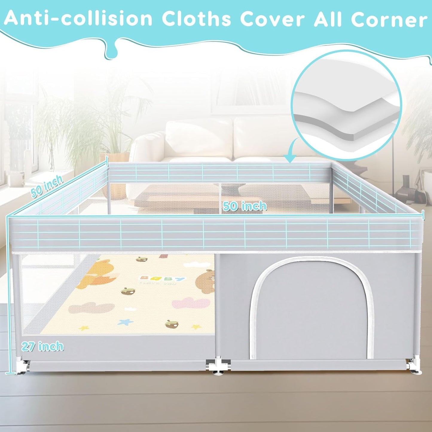 Fshibila Baby Playpen, 50x50 Inch Baby Playard for Babies and Toddlers, Play Pens for Indoor & Outdoor, Sturdy Safety Play Yard with Soft Breathable Mesh, Anti-Fall, Grey