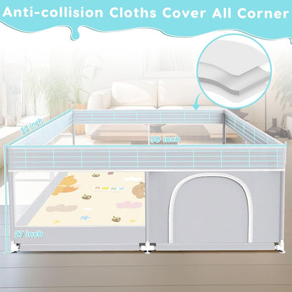 Fshibila Baby Playpen, 50x50 Inch Baby Playard for Babies and Toddlers, Play Pens for Indoor & Outdoor, Sturdy Safety Play Yard with Soft Breathable Mesh, Anti-Fall, Grey