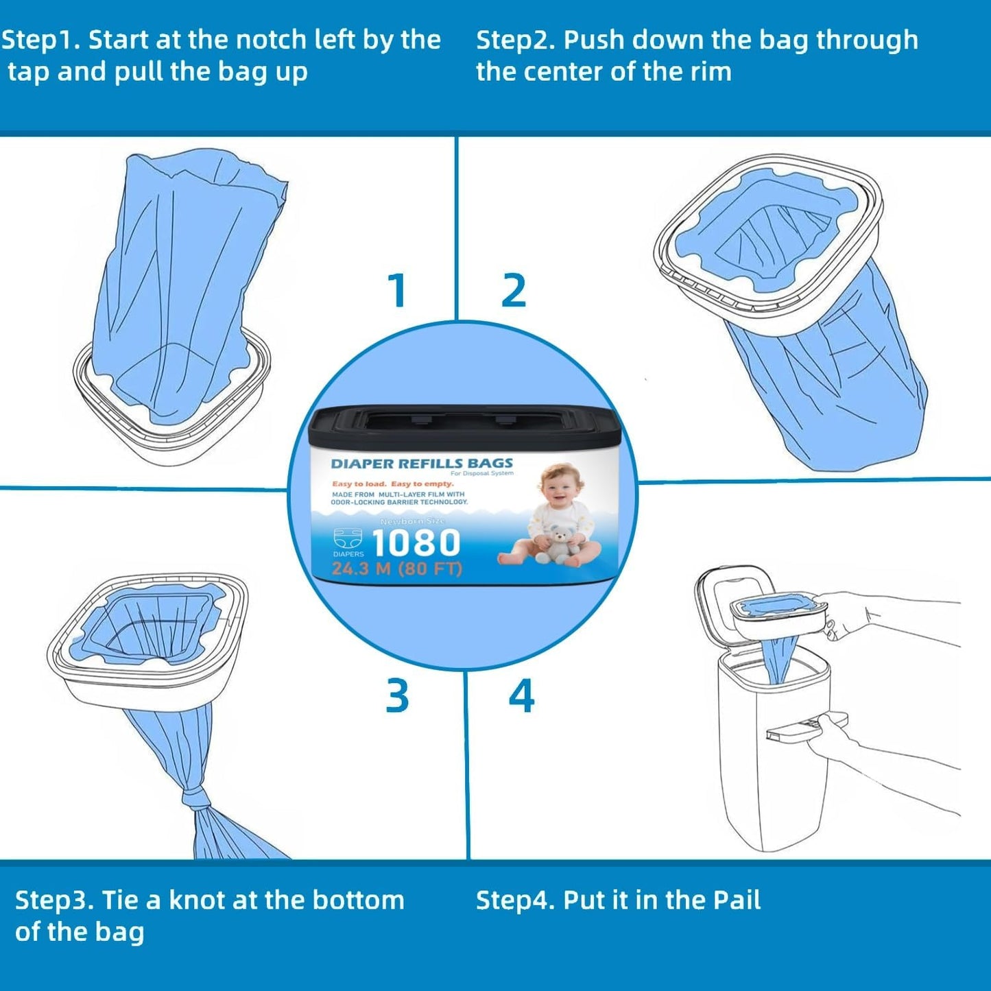 Standard Square Refills Disposal Bags Refill Compatible with Diaper Genie Compact, Select (Not Fit Classic Version Pails), Hold Up to 165 Newborn-Sized Diapers Per Refill, 6 Packs