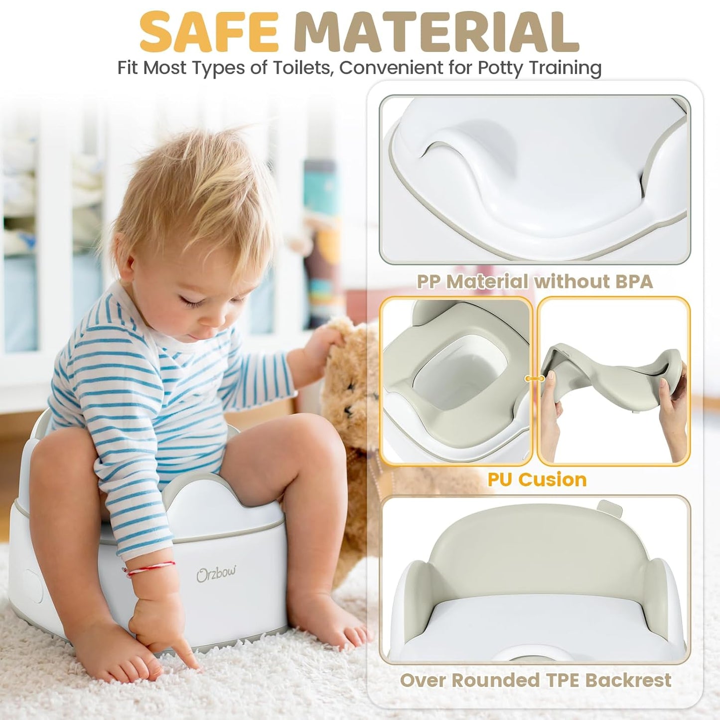 Orzbow 3-in-1 Toddler Potty Training Toilet | Baby Potty Chair, Toilet Topper Training Seat and Step Stool for Boys and Girls, Easy-to-Clean with Splash Guard and Lid, Grey