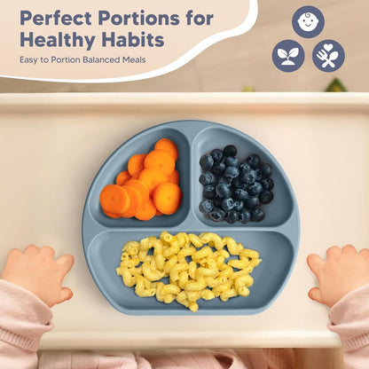 Baby Suction Plates and Bowls Set - 100% Food Grade Silicone Toddler Feeding Supplies for BLW | Stay-Put Divided Dish | Includes Bonus Bib, Cup & Soft Spoon/Fork (6-Piece)
