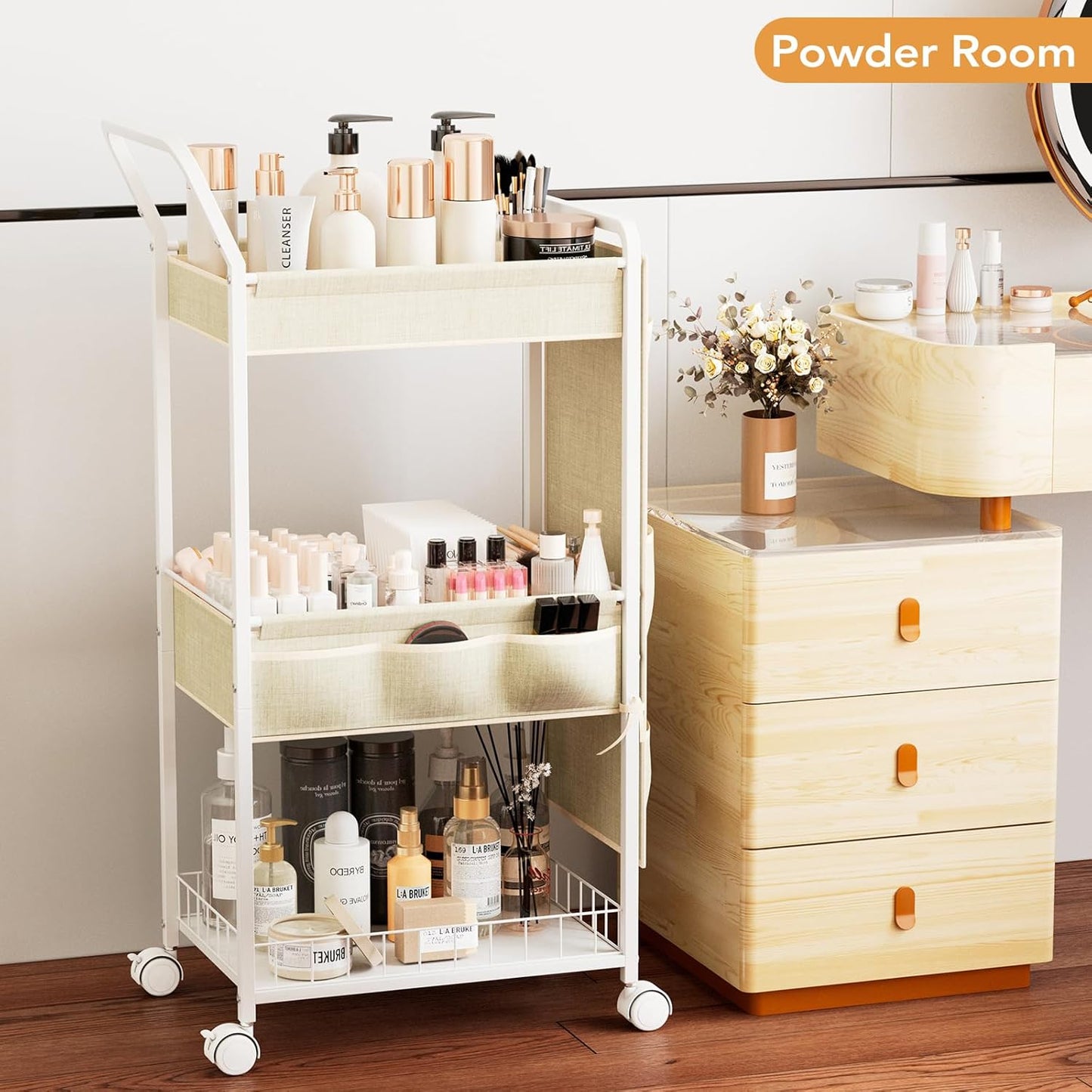 BBLIKE 3-Tier Diaper Caddy Organizer - Rolling Utility Baby Cart with Drawer and Side Pockets for Nursery and Baby Essentials, Multi-Function Cart for Bedroom and Bathroom, White