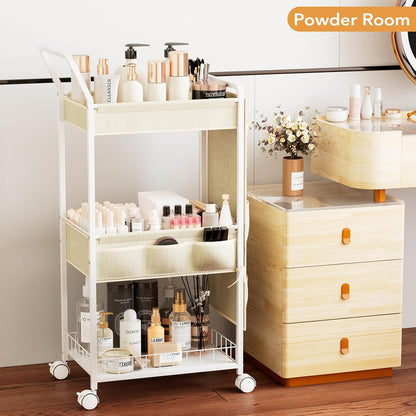 BBLIKE 3-Tier Diaper Caddy Organizer - Rolling Utility Baby Cart with Drawer and Side Pockets for Nursery and Baby Essentials, Multi-Function Cart for Bedroom and Bathroom, White