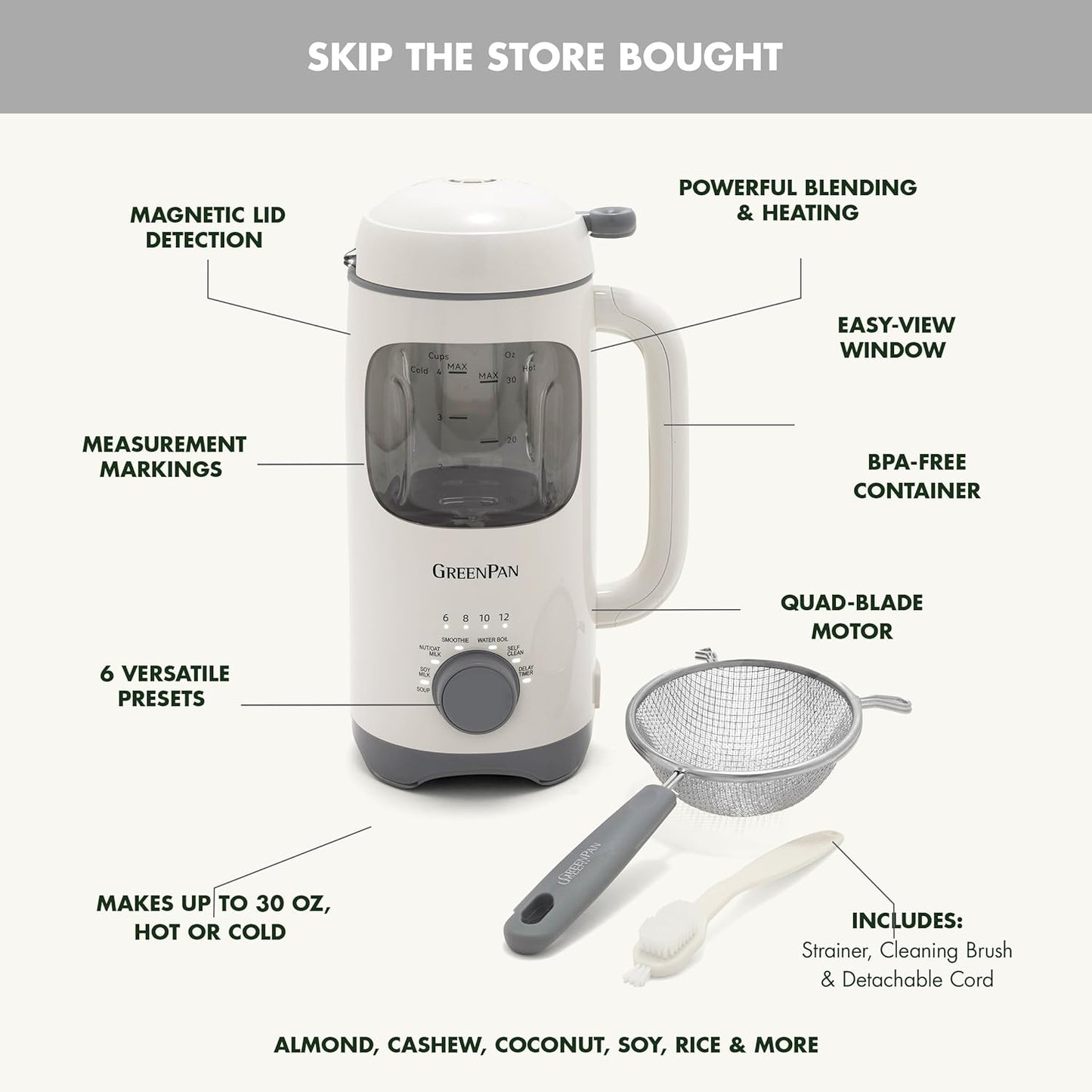 GreenPan 30oz Nut Milk Maker Machine, 15-in-1 for Homemade Almond, Oat, Soy, Coconut, Plant-Based Non-Dairy Beverages, Soups, BPA-Free Glass, Automatic Self-Clean, Delay Start, Pink