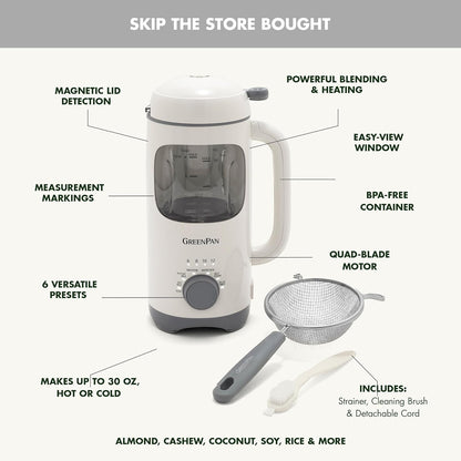 GreenPan 30oz Nut Milk Maker Machine, 15-in-1 for Homemade Almond, Oat, Soy, Coconut, Plant-Based Non-Dairy Beverages, Soups, BPA-Free Glass, Automatic Self-Clean, Delay Start, Pink