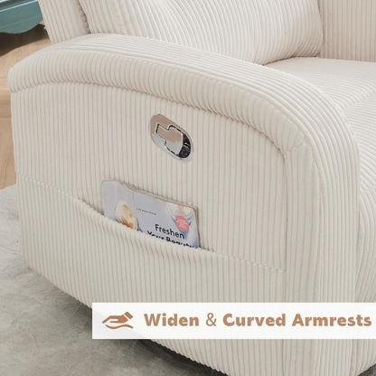 Power Swivel Rocker Recliner Chair for Nursery, Swivel Reclining Rocking Chairs, Electric Glider for Living Room, Upholstered Recliner Chairs for Bedroom, Corduroy White