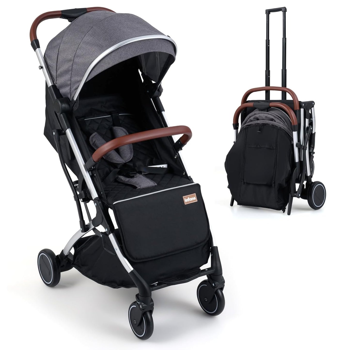 INFANS Travel Stroller, Lightweight Compact Baby Stroller for Airplane with One-Hand Fold, Multi-Position Recline, Canopy, 4 Wheel Suspension, Storage Basket (Grey+Black)