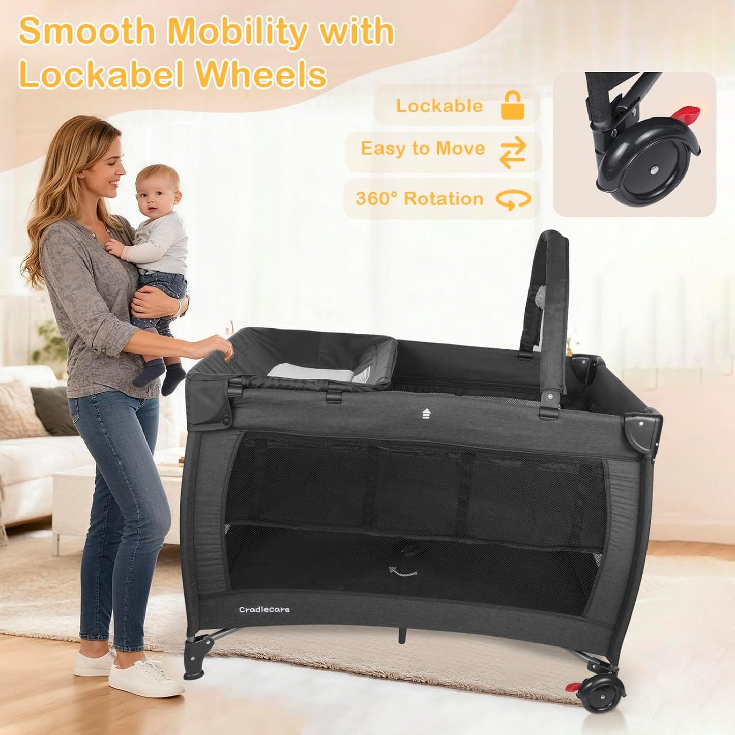 3 in 1 Pack and Play, Baby Bassinet, Changing Tabler - Portable Baby Playpen for Babies and Toddlers, Foldable Playard with Locking Wheels & Storage Diaper Basket(Black)