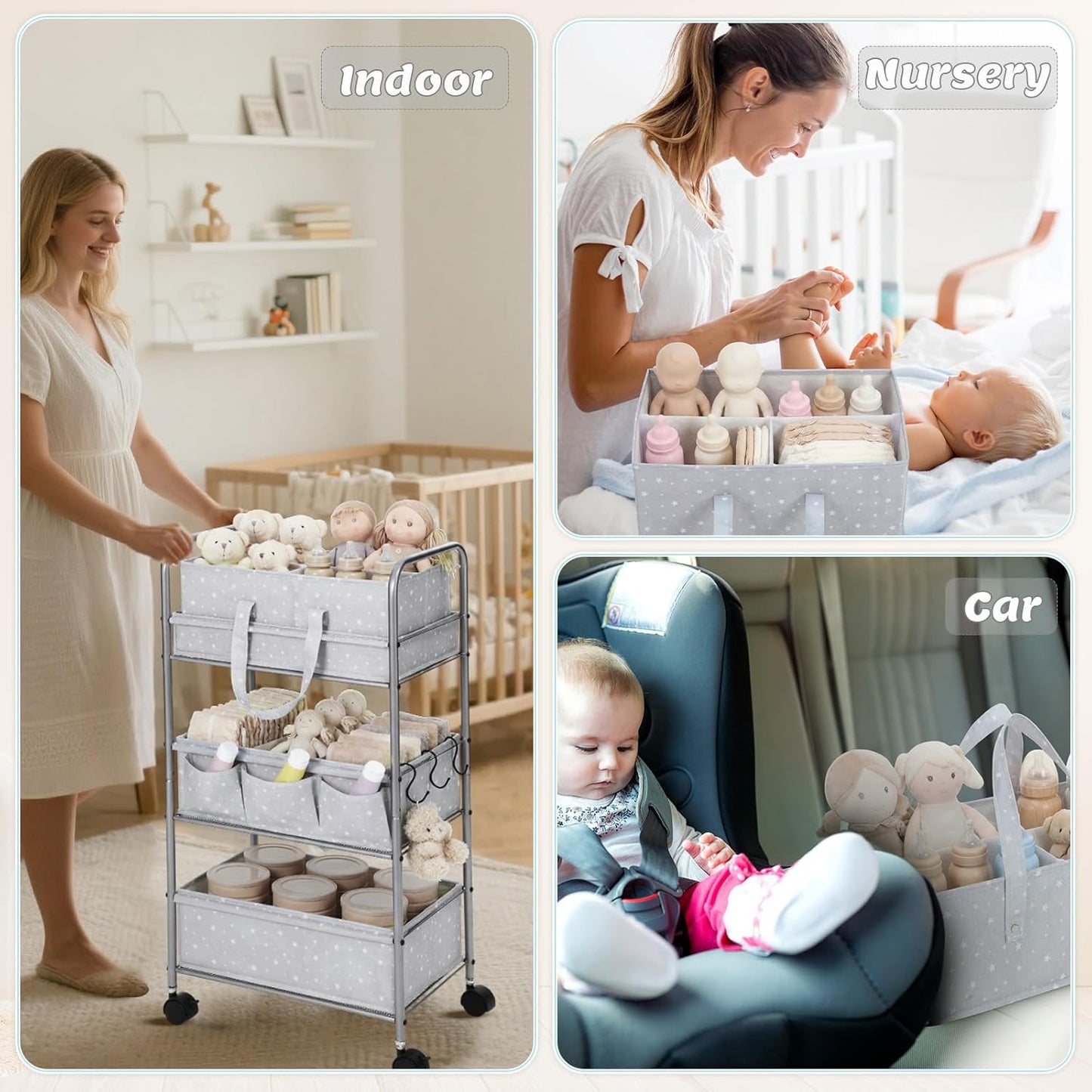 Yookeer 2in1 Baby Diaper Caddy Organizer Cart 3 Tier Large Capacity Metal Utility Bedside Rolling Cart with Divider Newborn Registry Gift Nursery Essential Must Have Bedroom Baby Shower(Gray,Star)