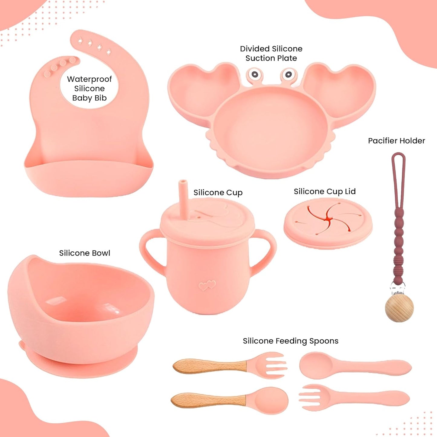 Silicone Baby Feeding & Weaning Set – Food-Grade Baby Led Weaning Supplies with Suction Plate, Bowl, Bib, Sippy Cup & Soft Spoon Fork – Dishwasher & Microwave Safe (Brown)