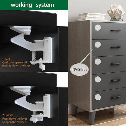 Vmaisi 20 Pack Cabinet Locks Child Safety Latches - Baby Proofing Cabinets Drawers Lock - Upgraded Stronger Adhesive Easy Installation - No Drilling