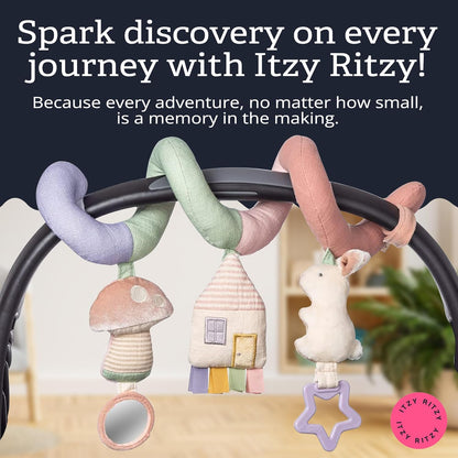Itzy Ritzy Spiral Car Seat & Stroller Activity Toy - Stroller & Car Seat Toys for Ages 0 Months and Up - Hanging Toys Include Dangling Ring, Mirror and Textured Ribbons (Veggie)