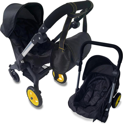 Baby Doll Car Seat Stroller Combo – Convertible 2 in 1 Doll Stroller and Car Seat for Kids – Fits Up to 20” Dolls – Play Toy Baby Stroller with Adjustable Handle for Girls Toddlers All Ages (Black)