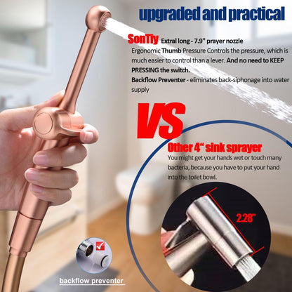 SonTiy Handheld Bidet Toilet Sprayer Kit, Rose Gold Hand Held Bidet Attachment Metal Cloth Diaper Toilet Sprayer with Backflow Preventer, Adjustable Water Jet Spray for Toilet, 7.9" Long Bidet Wand