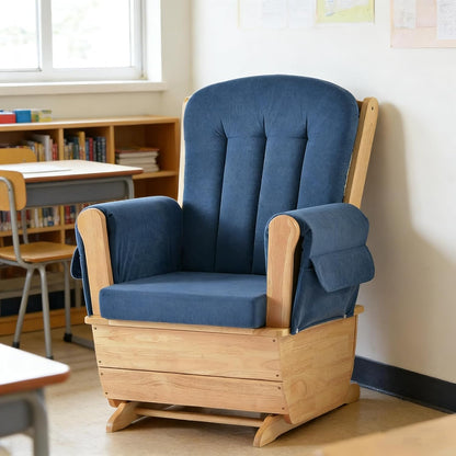 Rubber Wood Gliding Rocking Chair for Nursery, Rocking Chair Glider Rocker with Arm Rest, Padded Cushion for Living Room Bedroom Reading Room, 280lbs Weight Capacity, Blue