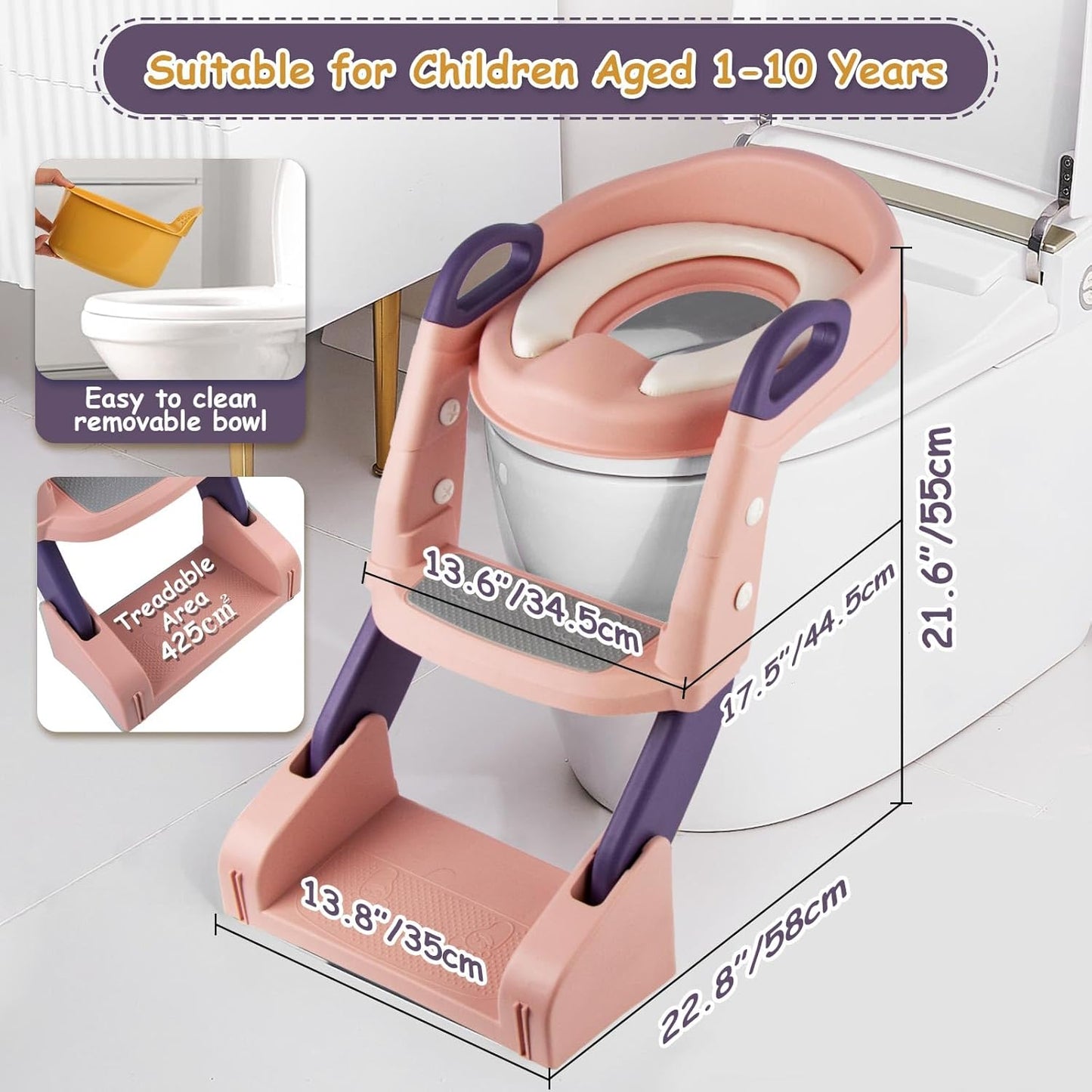 3 in 1 Toddler Potty Training Seat Chair with Ladder and Basin for Boys and Girls, Adjustable Kids Potty Training Seat for Toilet with Anti-Slip Wide Steps and Safety Handles (Green)