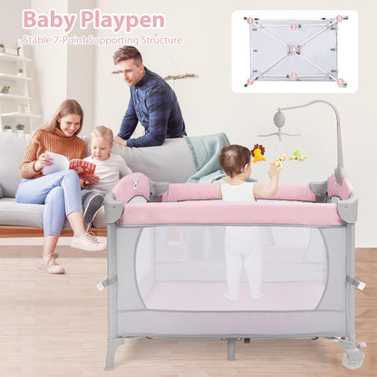 SIMPLGIRL 5-in-1 Baby Bassinet Bedside Crib, Pack and Play Long Next to Parents Bed Crib, Foldable Playard, Playpen Travel Bed Nursery Center for Girl Boy Infant Newborn