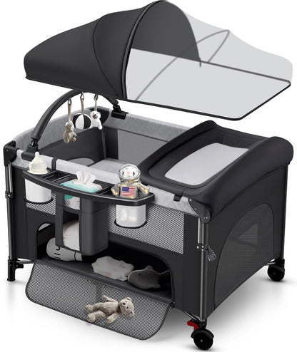 4 in 1 Baby Bassinet Bedside Crib with One-Hand Setup & Waterproof Mattress – ASTM-Certified Pack and Play, Portable Foldable Playard with Diaper Changer for Newborn to Toddler(Black)