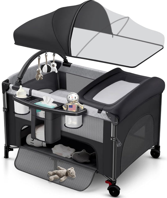 4 in 1 Baby Bassinet Bedside Crib with One-Hand Setup & Waterproof Mattress – ASTM-Certified Pack and Play, Portable Foldable Playard with Diaper Changer for Newborn to Toddler(Black)
