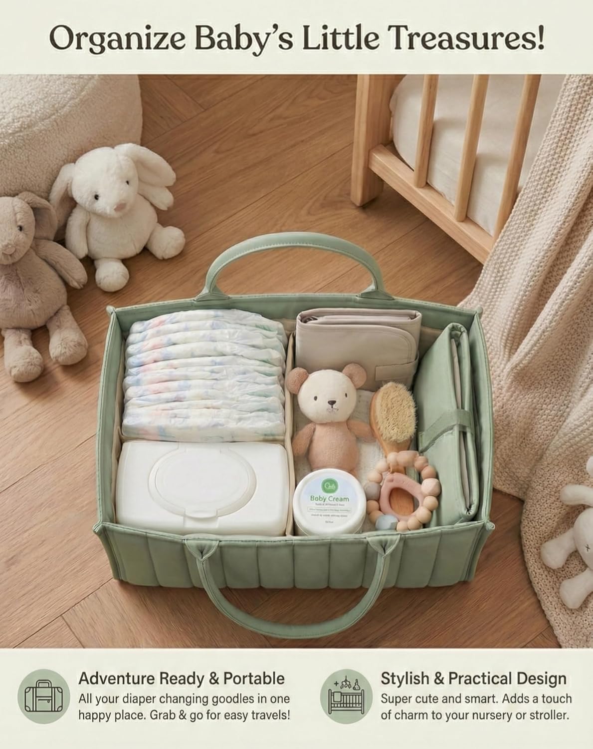 Baby Diaper Caddy Organizer-Large Nursery Storage Basket for Changing Table and Car - Portable Newborn Essentials & Wipes Bin - Gift for Baby Shower and Registry Must-Have (Forest Green)