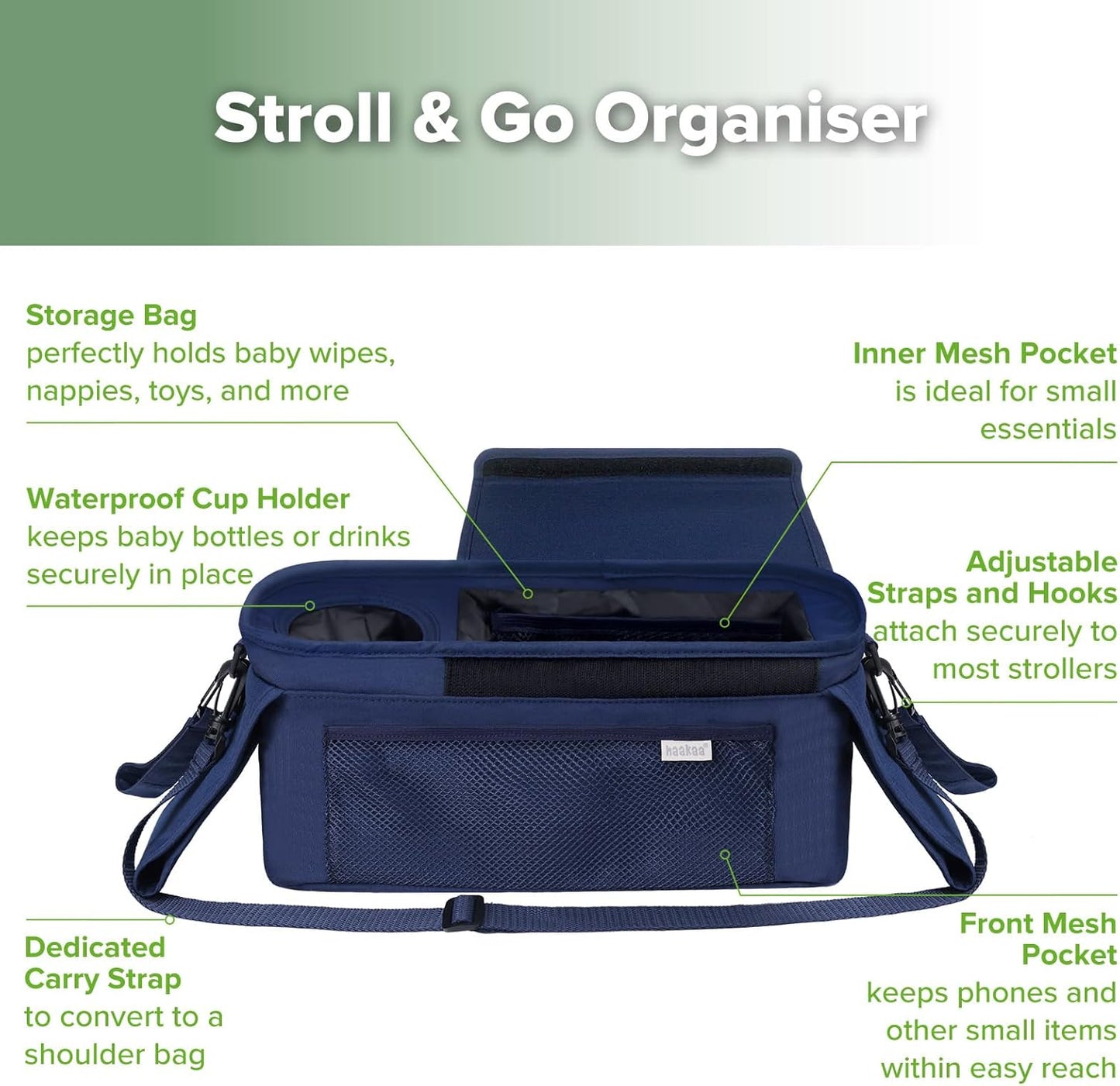 haakaa Universal Stroller Organizer - Black, Single Cup Holder, Stroller Caddy Accessories with Shoulder Strap & Extra Non-Slip Stroller Hook, Fits Most Strollers
