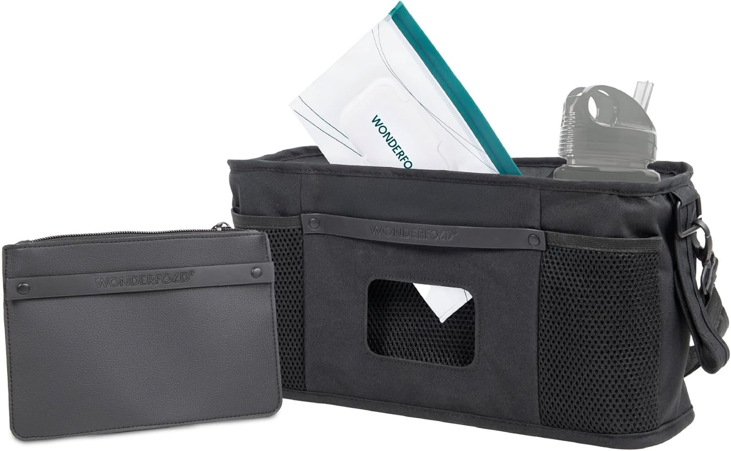WONDERFOLD Universal Parent Console Stroller Organizer with Insulated Cup Holders, Hook & Loop Closure Handle Attachment, 2 Storage Pockets, Removable Shoulder Strap for Easy Transport
