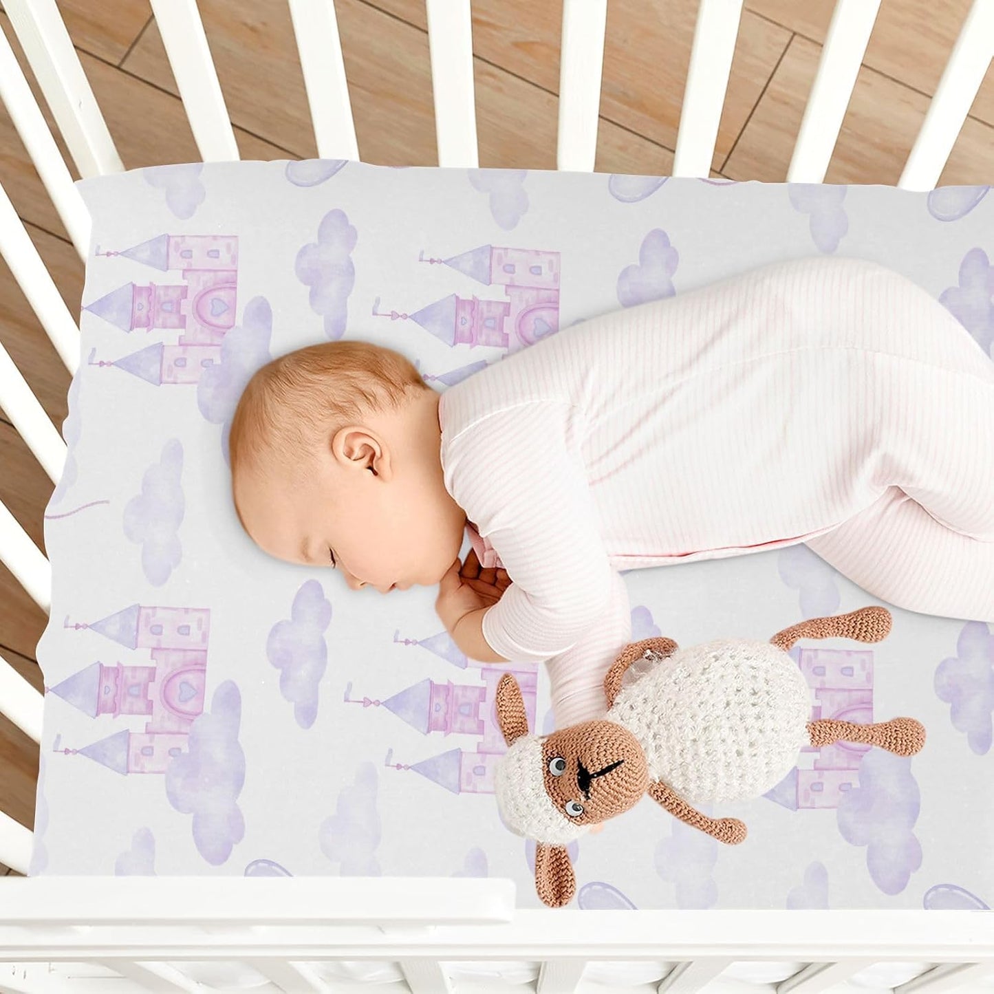 Fitted Crib Sheets White Bears with Clouds Stretchy Portable Playard Sheets for Baby Toddler, Breathable Soft Mini Crib Mattress 39 x 27 in for Boys and Girls