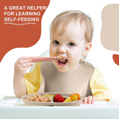 10 Pack Silicone Baby Feeding Set, Toddlers Led Weaning Feeding Supplies with Suction Baby Bowl Divided Plate Adjustable Bib Soft Silicone Spoon Fork, Infant Self Eating Utensil Set (Gray, Khaki)