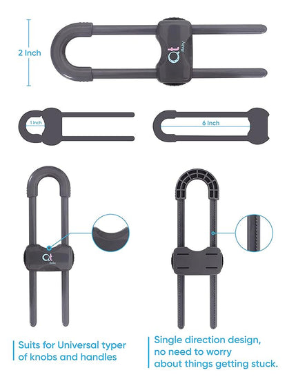QT BABY - 20 Pack - Baby Proofing Cabinet Locks Adjustable U Shaped Baby Safety Latches for Drawers, Fridge, Closet Modern Baby Proofing Cabinet Lock with Extra Secure Lock Buttons (Thunder Grey)