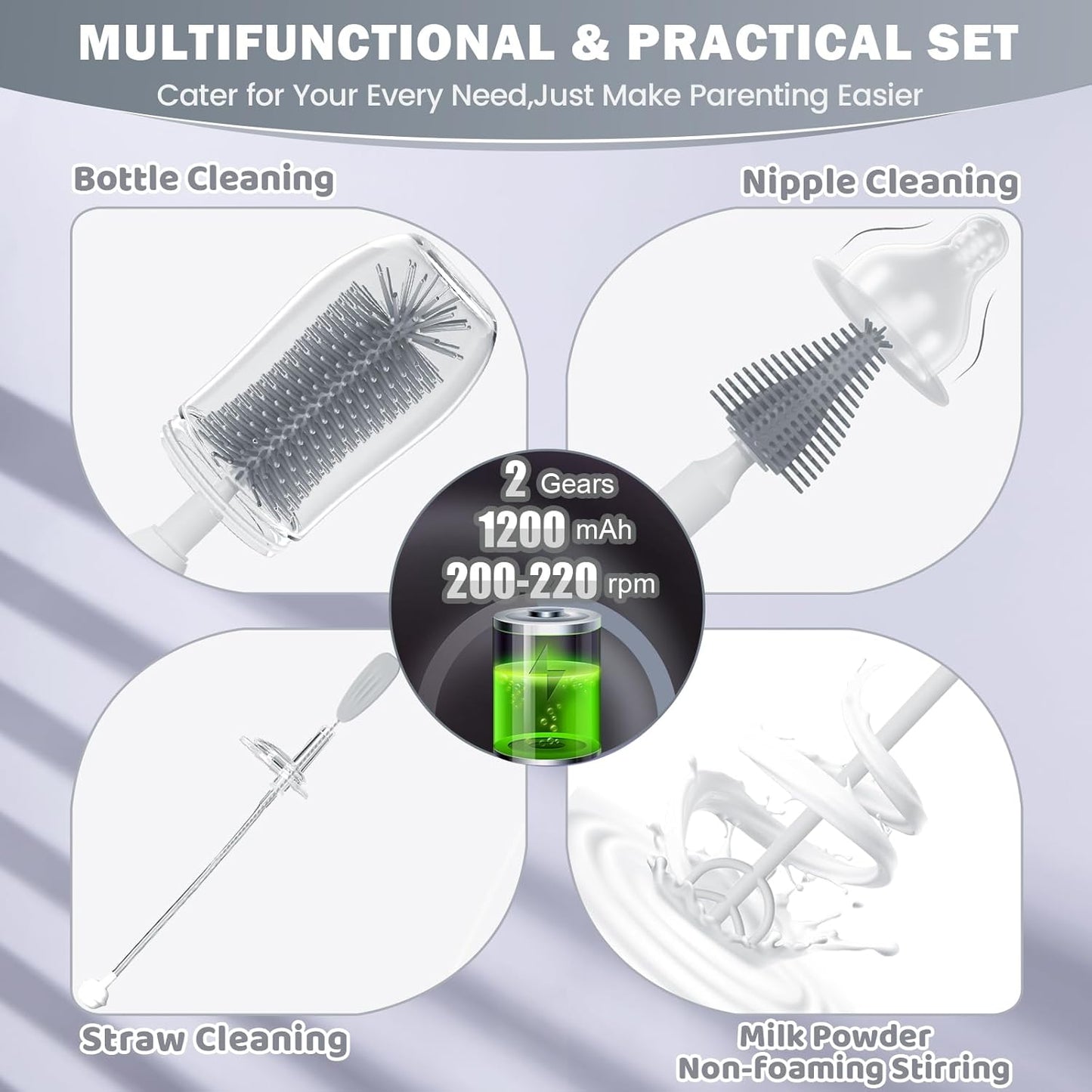 IvyWind Electric Travel Baby Bottle Brush Set with Storage Box, Automatic Bottle Cleaner Brush Kit with Silicone Bottle/Nipple/Straw Brush, Milk Frother Electric and Drainage Rack, Rechargeable, Green