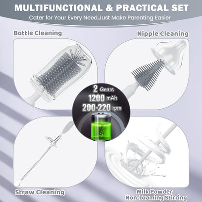 IvyWind Electric Travel Baby Bottle Brush Set with Storage Box, Automatic Bottle Cleaner Brush Kit with Silicone Bottle/Nipple/Straw Brush, Milk Frother Electric and Drainage Rack, Rechargeable, Green