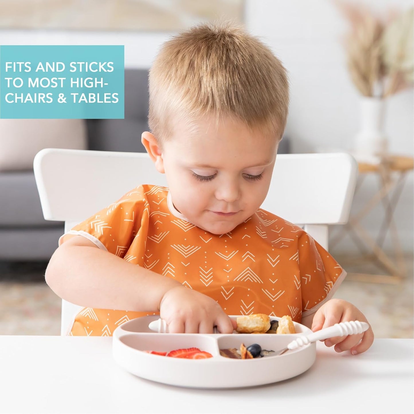 Bumkins Toddler and Baby Suction Plate, Divided Grip Dish for Babies and Kids, Baby Led Weaning, Feeding Supplies, Sticks to Tables and Highchairs, Platinum Silicone, for Chidren 6 Months, Gray