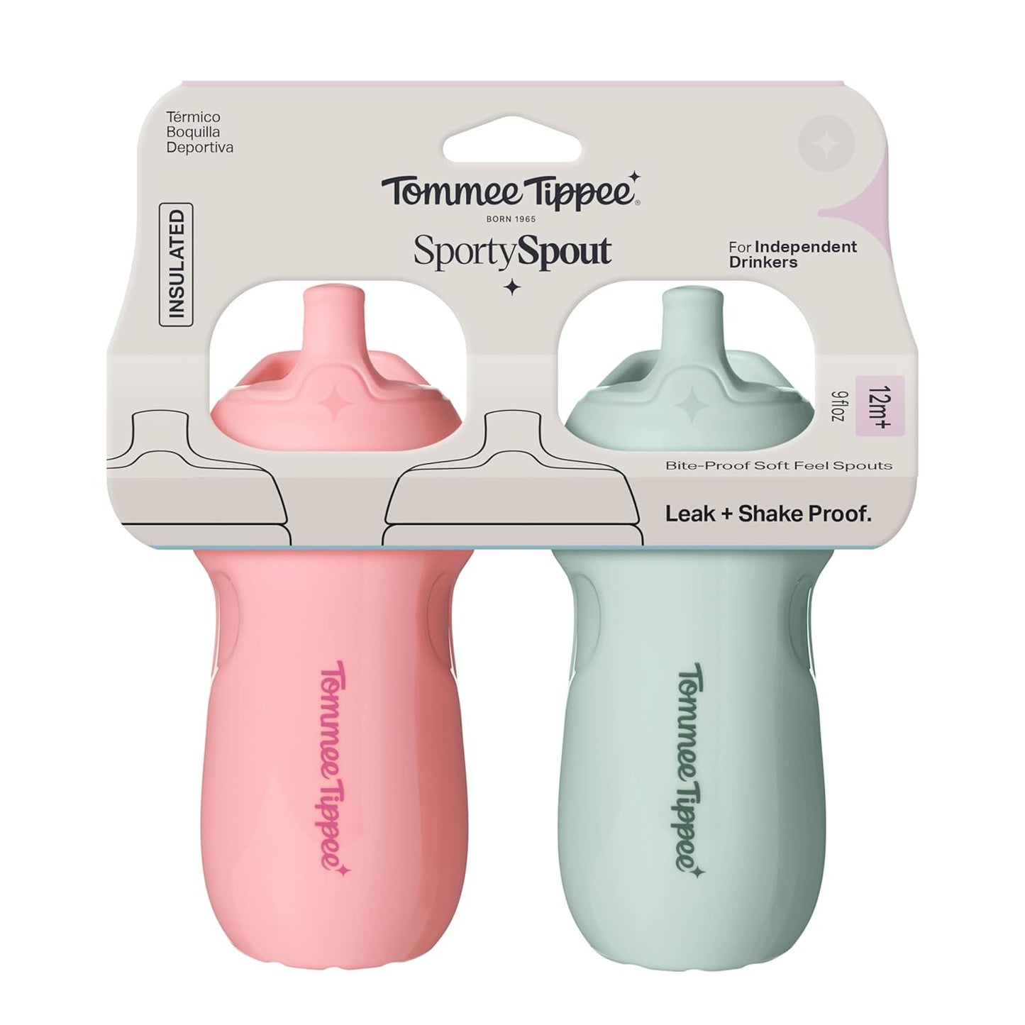 Tommee Tippee Insulated 9oz Sporty Spout Toddler Water Bottle, No Spill, Sippy Cups for Toddlers 1-3, Two-Piece Valve Helps Stop Spills, Green & Teal, BPA Free, Pack of 2