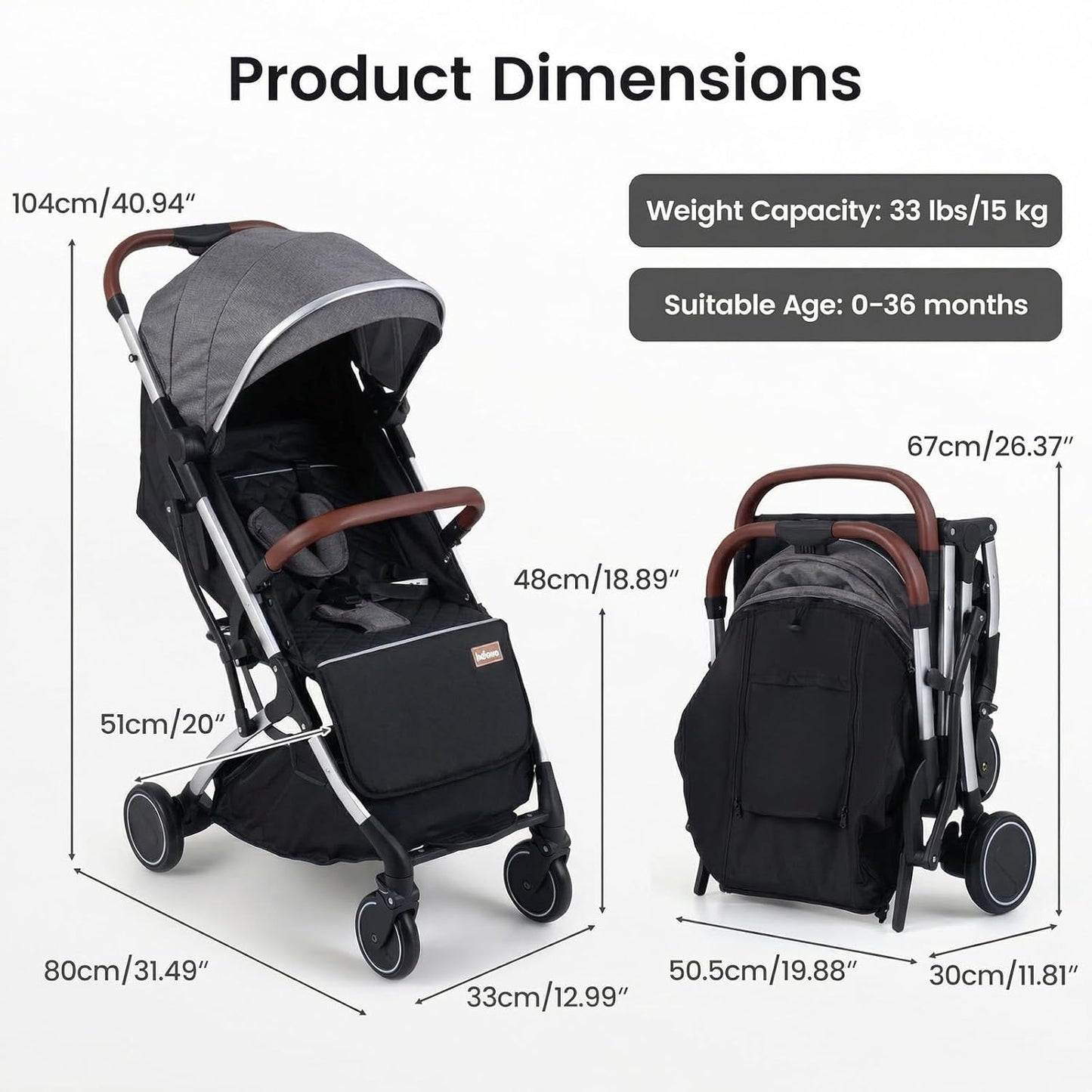 INFANS Travel Stroller, Lightweight Compact Baby Stroller for Airplane with One-Hand Fold, Multi-Position Recline, Canopy, 4 Wheel Suspension, Storage Basket (Grey+Black)