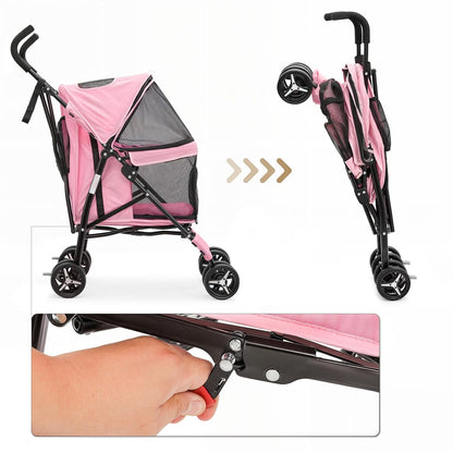 MoNiBloom 4 Wheels Pet Stroller, Easy-Fold Puppy Cage Jogger Stroller with Sun Cover, Pad and Rear Storage Bag, Breathable and Visible Mesh for Small/Medium Pets up to 22 lbs, Black