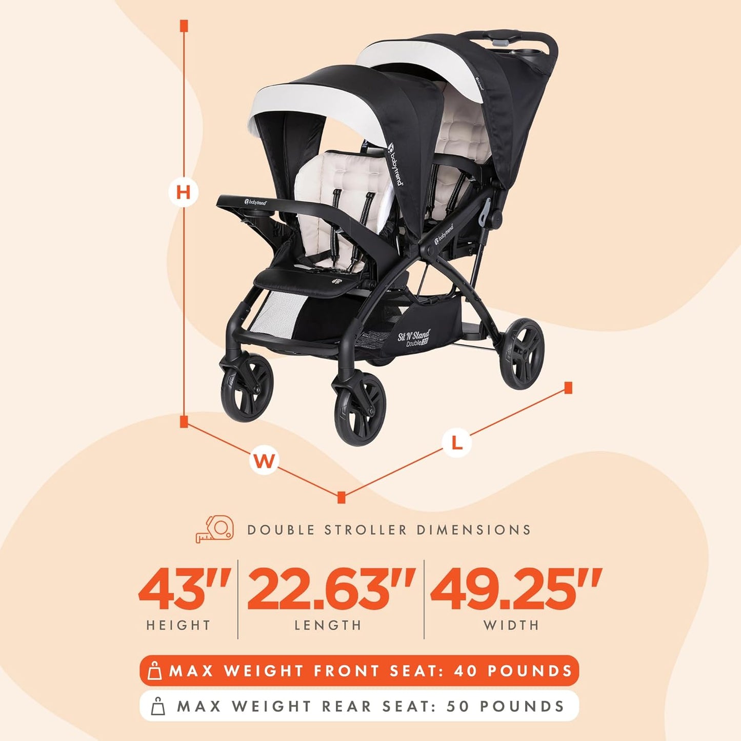 Baby Trend Double Stroller with Canopy Visors, Storage Basket and 2 Cup Holders, Sit N' Stand 2.0 DLX, Stormy – Foldable Infant and Toddler Tandem Stroller and Travel System