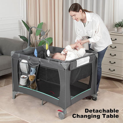 Pack and Play with Changing Table & Carry Bag, 4-in-1 Portable Crib Playpen for Newborn to Toddler, ASTM Certified Foldable Travel Crib with Bassinet(A-Black)